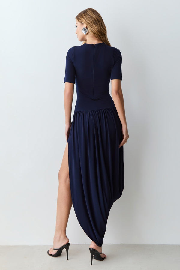 VESTIDO MIDI MANGA CURTA SAIA COM CAIMENTO BALONE AZUL ECLIPSE