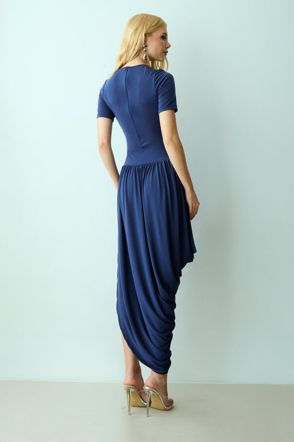 VESTIDO MIDI MANGA CURTA SAIA COM CAIMENTO BALONE AZUL ECLIPSE