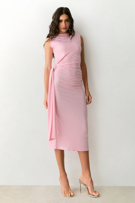 VESTIDO MIDI COM NO E FAIXA LATERAL ROSA GIZ