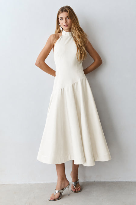 VESTIDO MIDI GOLA MEDIA FRENTE UNICA COM AMARRACAO OFF WHITE