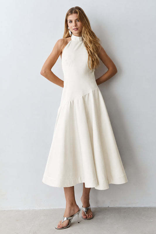 VESTIDO MIDI GOLA MEDIA FRENTE UNICA COM AMARRACAO OFF WHITE