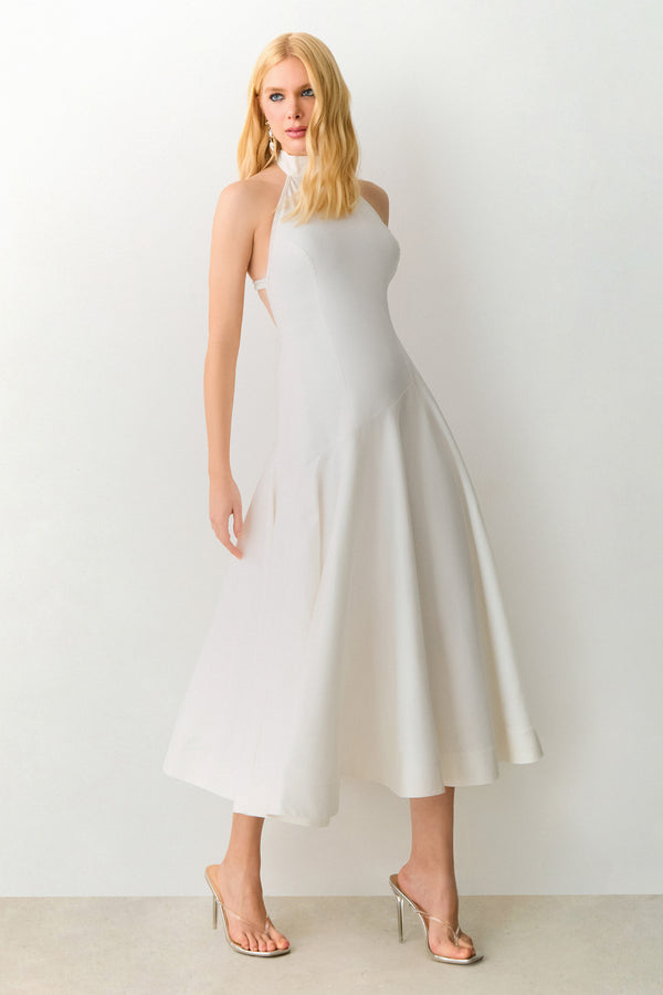 VESTIDO MIDI GOLA MEDIA FRENTE UNICA COM AMARRACAO OFF WHITE