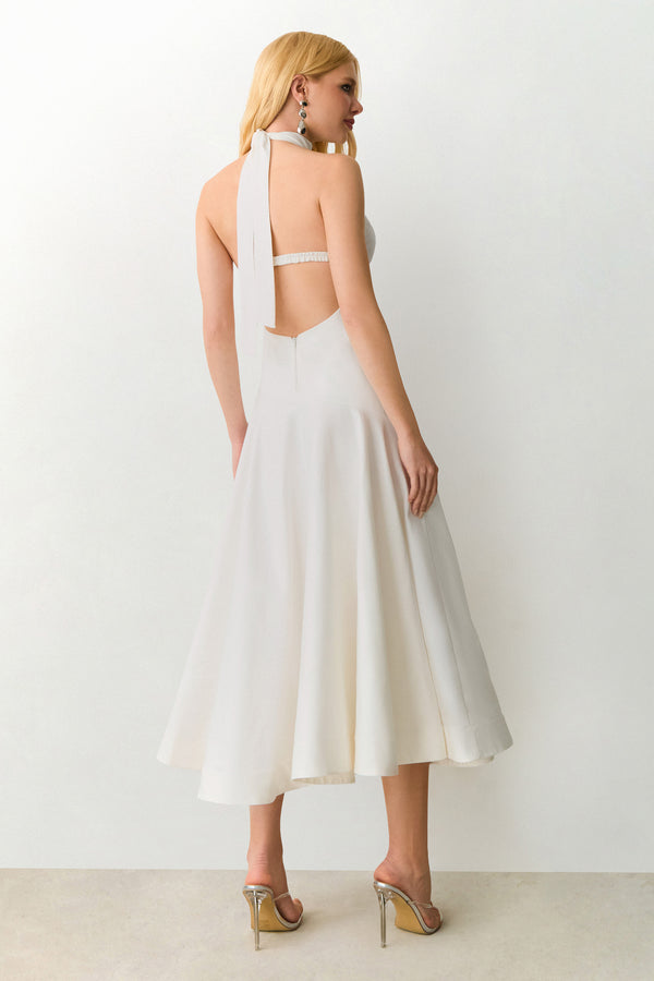 VESTIDO MIDI GOLA MEDIA FRENTE UNICA COM AMARRACAO OFF WHITE
