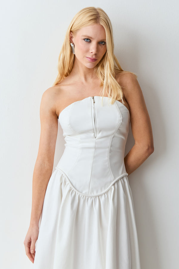 VESTIDO MIDI TOMARA QUE CAIA ZIPER DE METAL FRONTAL OFF WHITE