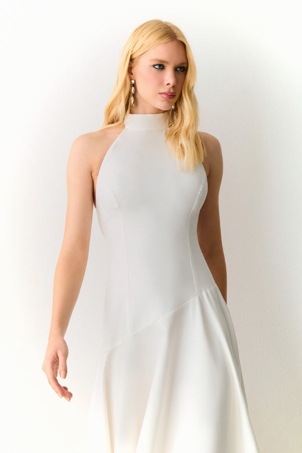 VESTIDO MIDI GOLA MEDIA FRENTE UNICA COM AMARRACAO OFF WHITE
