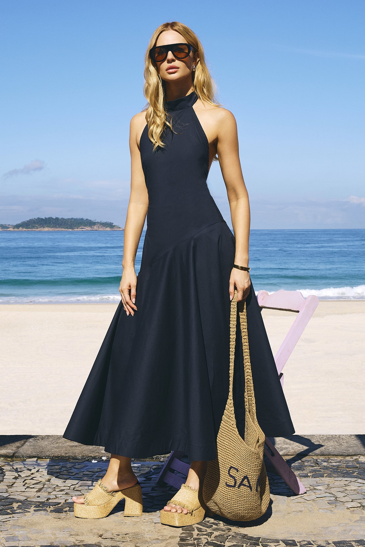 VESTIDO MIDI GOLA MEDIA FRENTE UNICA COM AMARRACAO AZUL MARINHO
