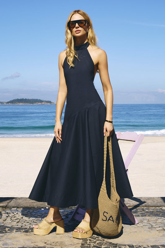 VESTIDO MIDI GOLA MEDIA FRENTE UNICA COM AMARRACAO AZUL MARINHO