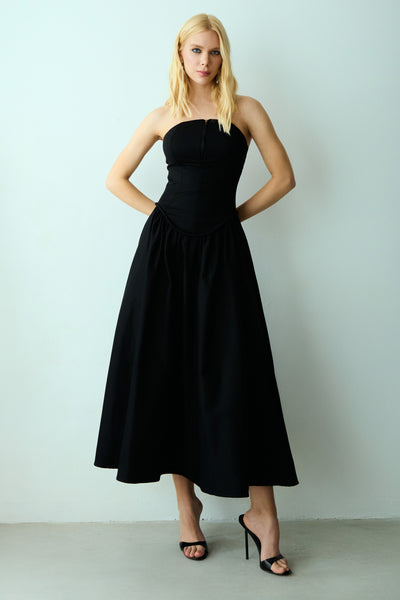 VESTIDO MIDI TOMARA QUE CAIA ZIPER DE METAL FRONTAL PRETO