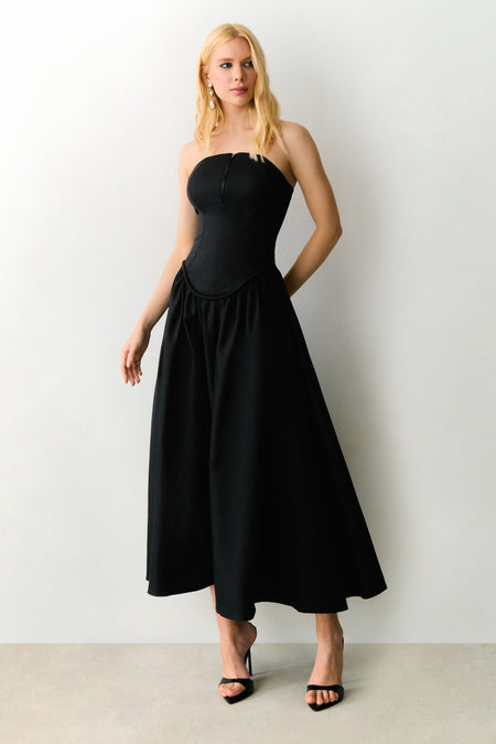 VESTIDO MIDI TOMARA QUE CAIA ZIPER DE METAL FRONTAL PRETO