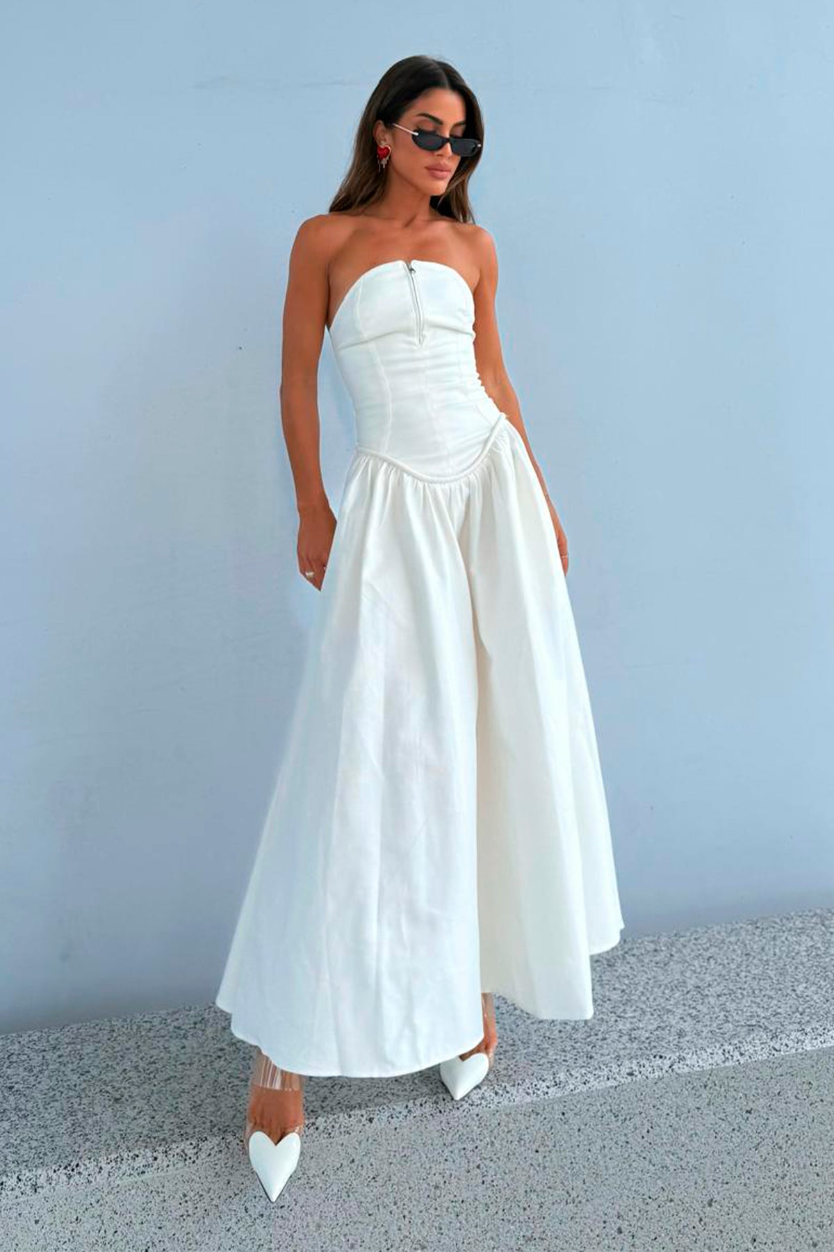 VESTIDO MIDI TOMARA QUE CAIA ZIPER DE METAL FRONTAL OFF WHITE