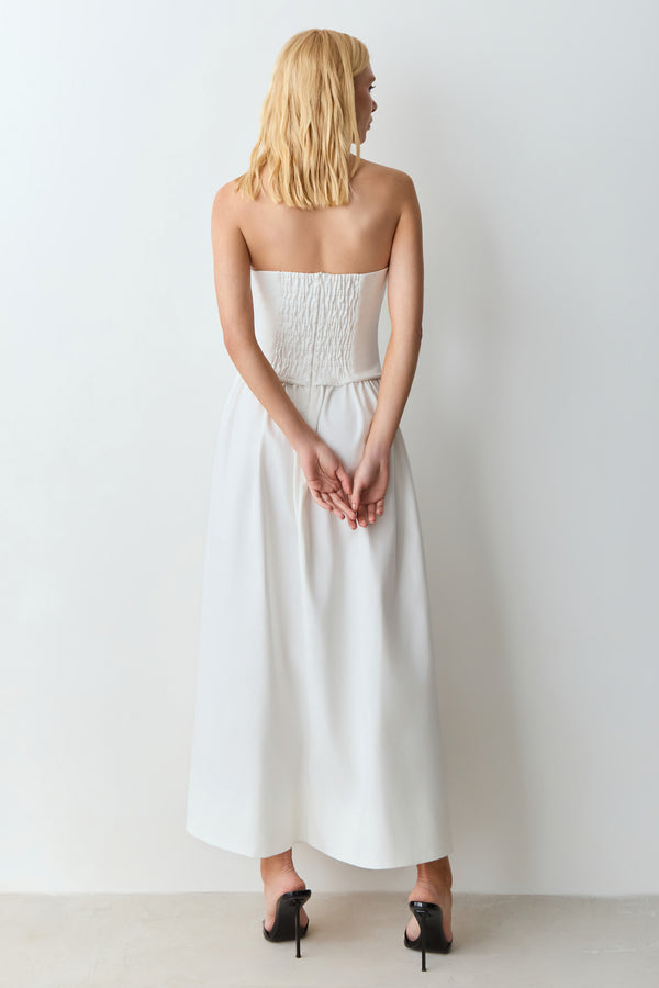 VESTIDO MIDI TOMARA QUE CAIA ZIPER DE METAL FRONTAL OFF WHITE