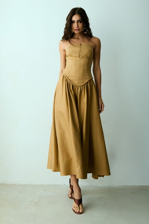 VESTIDO MIDI TOMARA QUE CAIA ZIPER DE METAL FRONTAL KAKI