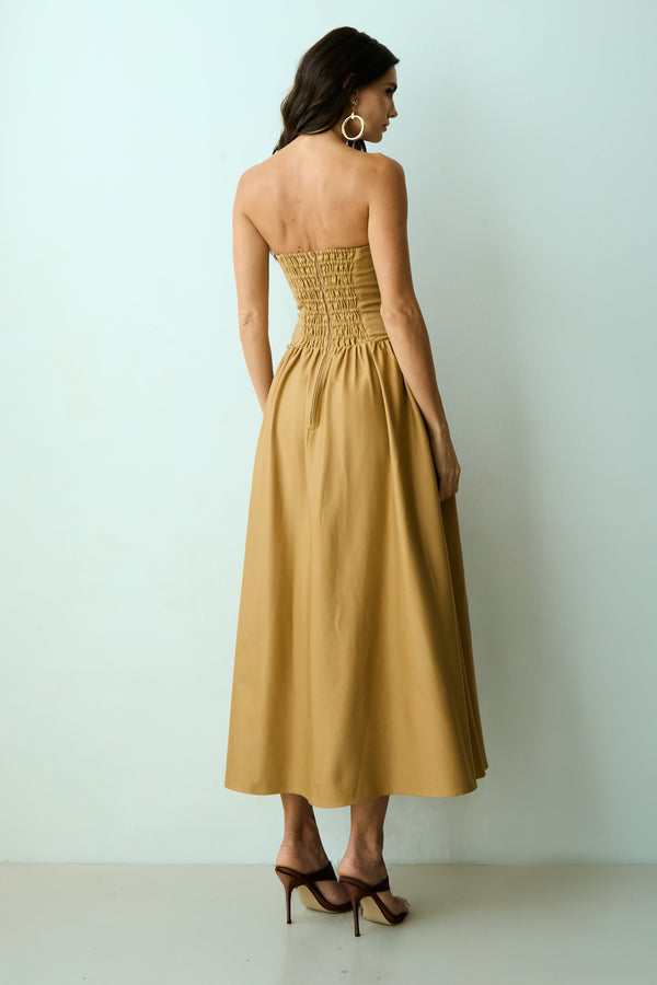 VESTIDO MIDI TOMARA QUE CAIA ZIPER DE METAL FRONTAL KAKI