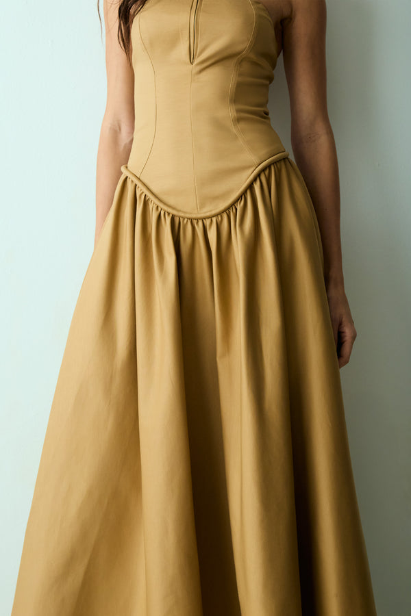 VESTIDO MIDI TOMARA QUE CAIA ZIPER DE METAL FRONTAL KAKI