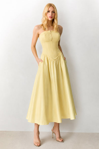 VESTIDO MIDI TOMARA QUE CAIA ZIPER DE METAL FRONTAL AMARELO MANTEIGA