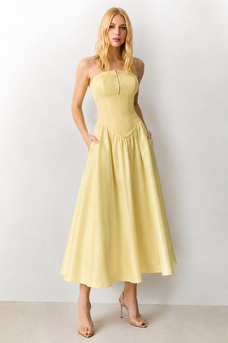 VESTIDO MIDI TOMARA QUE CAIA ZIPER DE METAL FRONTAL AMARELO MANTEIGA