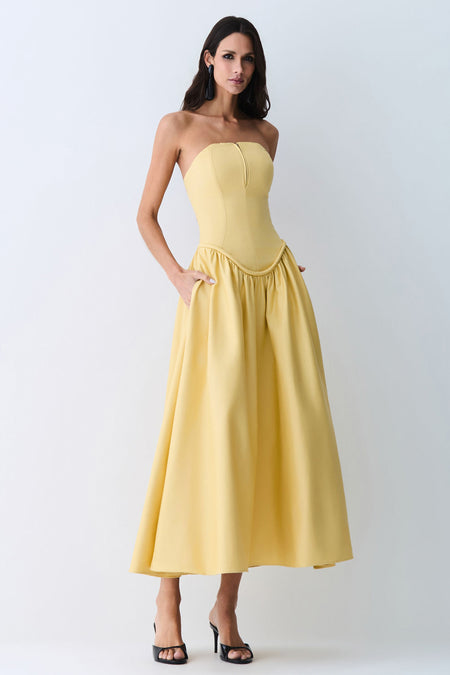VESTIDO MIDI TOMARA QUE CAIA ZIPER DE METAL FRONTAL AMARELO MANTEIGA