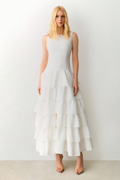 VESTIDO MIDI ALONGADO COM BABADOS E VOLUME SAIA OFF WHITE