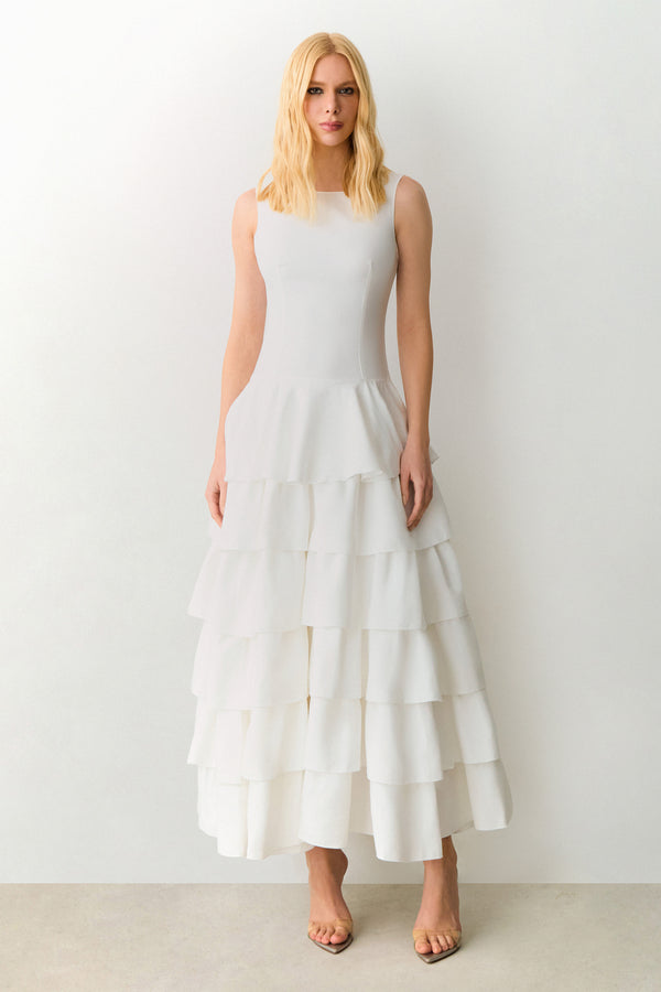 VESTIDO MIDI ALONGADO COM BABADOS E VOLUME SAIA OFF WHITE