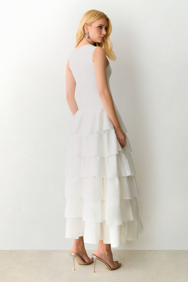 VESTIDO MIDI ALONGADO COM BABADOS E VOLUME SAIA OFF WHITE