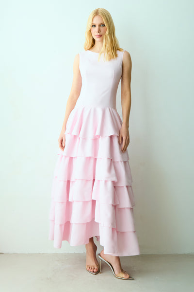 VESTIDO MIDI ALONGADO COM BABADOS E VOLUME SAIA ROSA BEBE