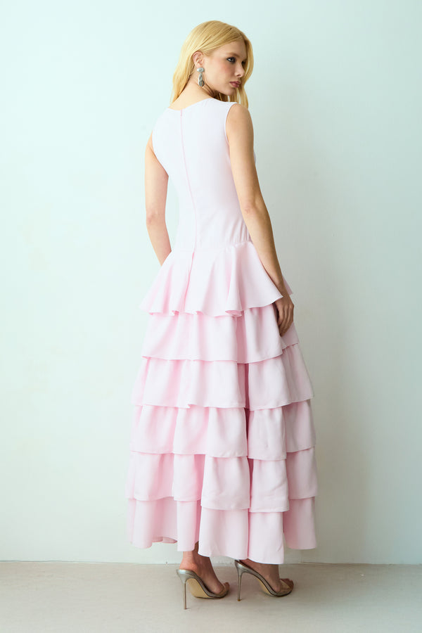 VESTIDO MIDI ALONGADO COM BABADOS E VOLUME SAIA ROSA BEBE