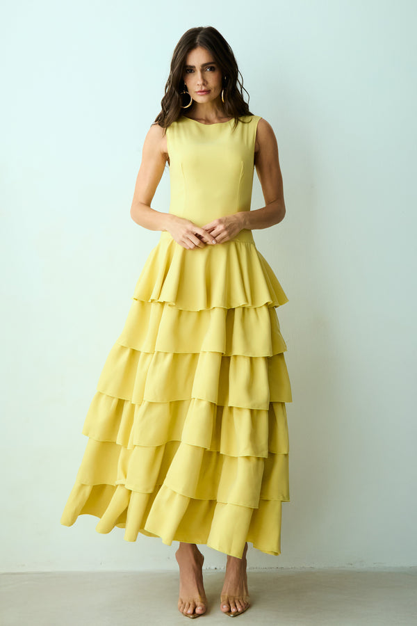 VESTIDO MIDI ALONGADO COM BABADOS E VOLUME SAIA AMARELO MANTEIGA