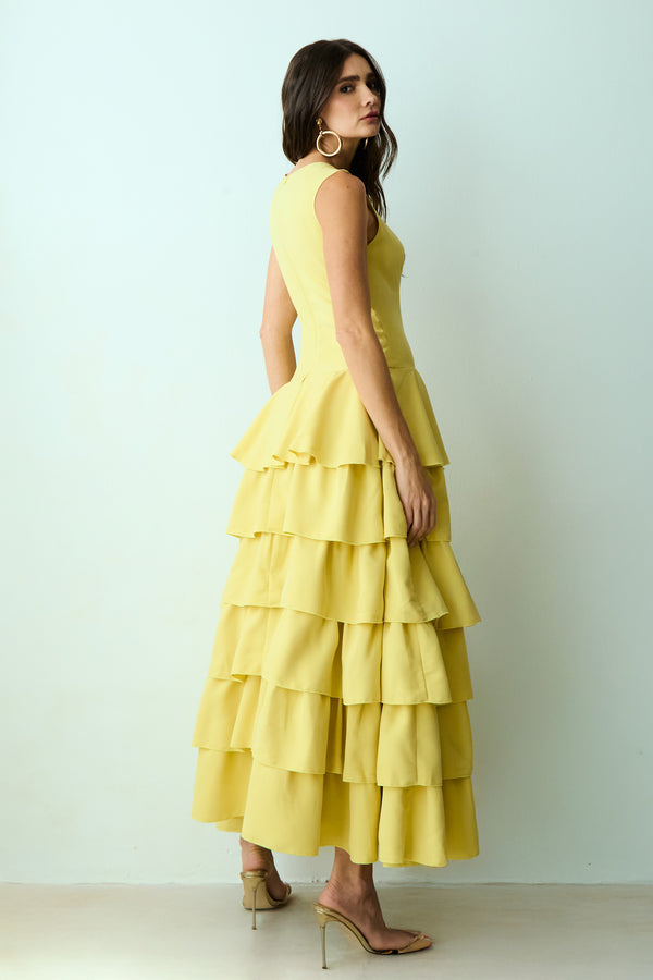 VESTIDO MIDI ALONGADO COM BABADOS E VOLUME SAIA AMARELO MANTEIGA