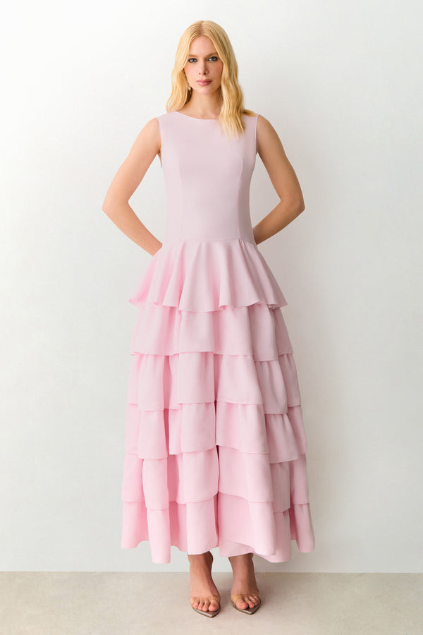 VESTIDO MIDI ALONGADO COM BABADOS E VOLUME SAIA ROSA BEBE
