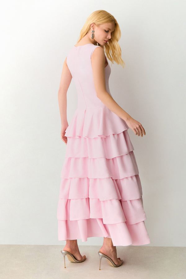VESTIDO MIDI ALONGADO COM BABADOS E VOLUME SAIA ROSA BEBE