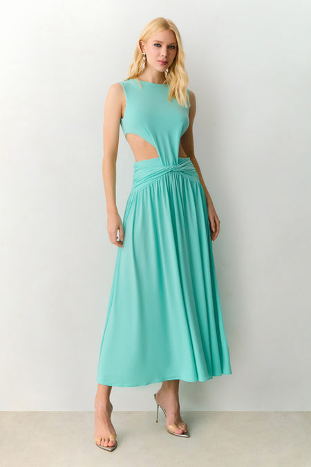 VESTIDO MIDI DECOTE V COSTAS E ABERTURAS LATERAIS VERDE BRISA
