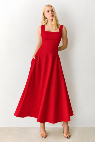 VESTIDO MIDI COM DECOTE RETO E ALCAS LARGAS VERMELHO TOMATE