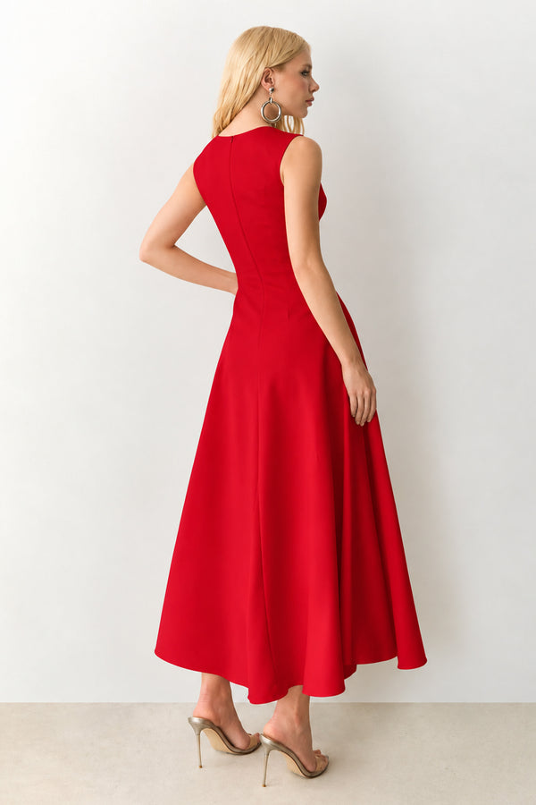 VESTIDO MIDI COM DECOTE RETO E ALCAS LARGAS VERMELHO TOMATE
