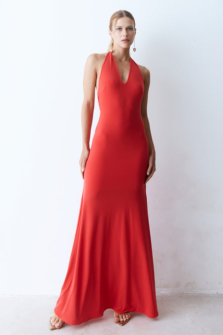 VESTIDO LONGO DECOTE V FRENTE UNICA  E TORCAO COSTAS VERMELHO