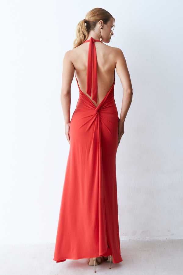 VESTIDO LONGO DECOTE V FRENTE UNICA  E TORCAO COSTAS VERMELHO
