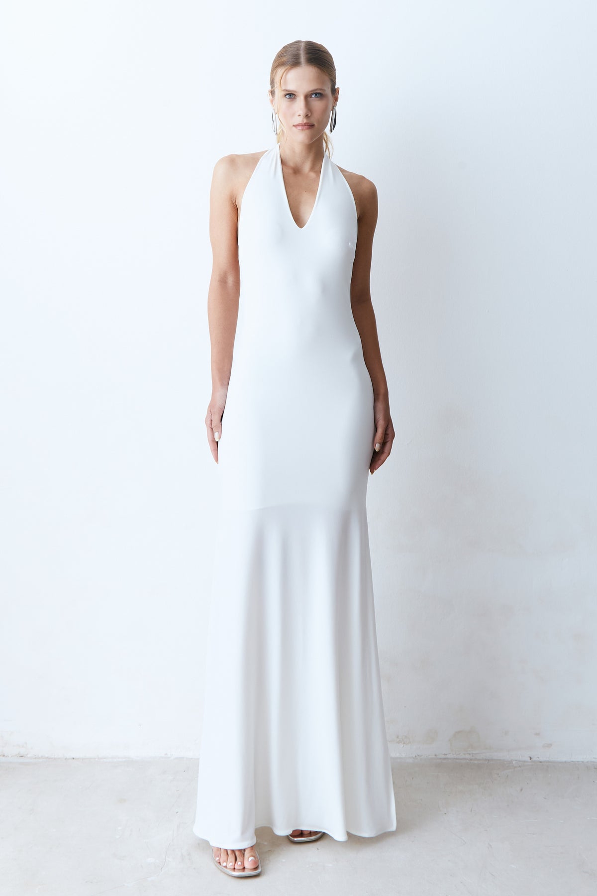 VESTIDO LONGO DECOTE V FRENTE UNICA  E TORCAO COSTAS OFF WHITE