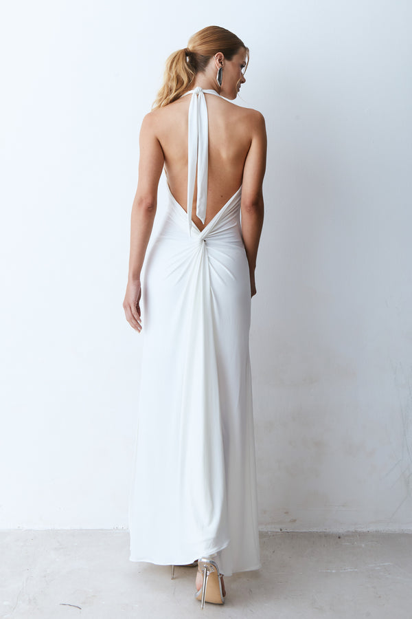 VESTIDO LONGO DECOTE V FRENTE UNICA  E TORCAO COSTAS OFF WHITE