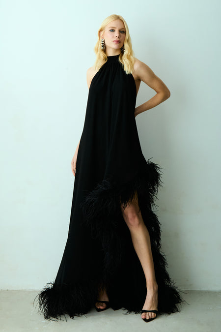 VESTIDO MULLET BARRA ASSIMETRICA E AMARRACO PESCOCO PRETO