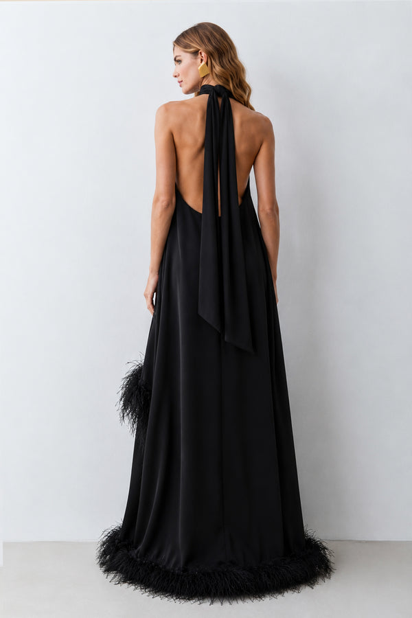 VESTIDO MULLET BARRA ASSIMETRICA E AMARRACO PESCOCO PRETO