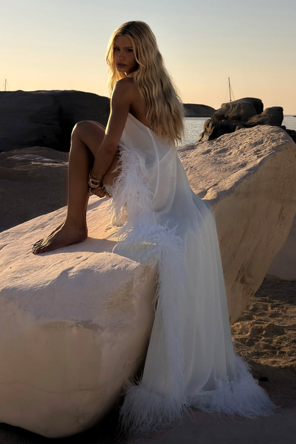 VESTIDO MULLET BARRA ASSIMETRICA E AMARRACO PESCOCO OFF WHITE