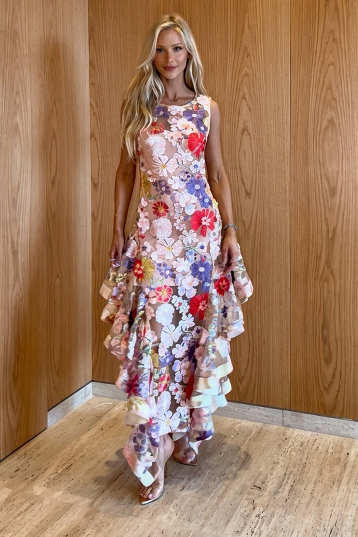 VESTIDO MIDI LATERAIS COM VOLUME E ASSIMETRICAS TULE JARDIM COLORIDO
