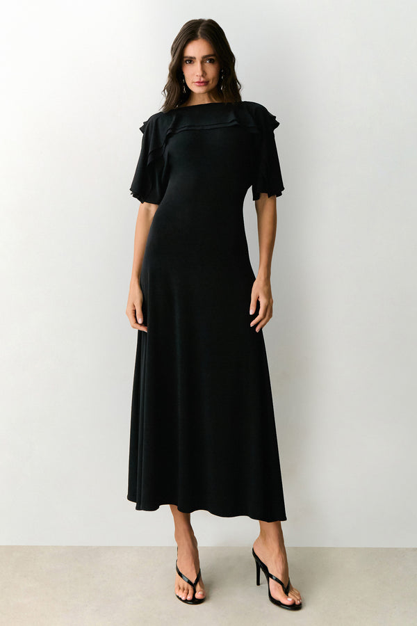 VESTIDO MIDI SOBREPOSICAO DUPLA DECOTE E COSTAS PRETO