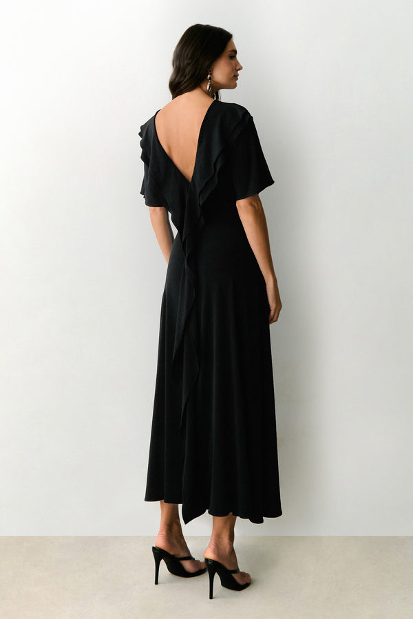 VESTIDO MIDI SOBREPOSICAO DUPLA DECOTE E COSTAS PRETO