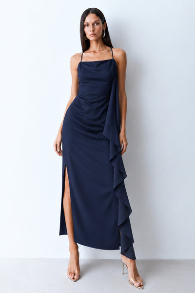 VESTIDO MIDI VOLUME LATERAL FLUIDO COM DECOTE RETO AZUL MARINHO