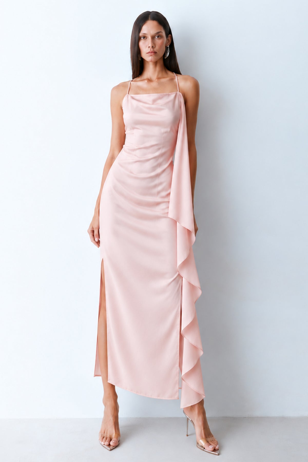 VESTIDO MIDI VOLUME LATERAL FLUIDO COM DECOTE RETO ROSA SUSPIRO