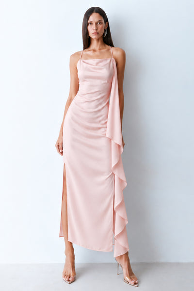 VESTIDO MIDI VOLUME LATERAL FLUIDO COM DECOTE RETO ROSA SUSPIRO