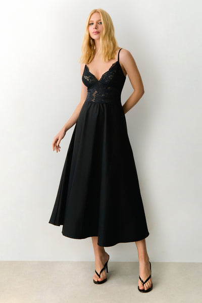 VESTIDO MIDI EM RENDA ALCA FINA E SAIA ESTRUTURADA PRETO
