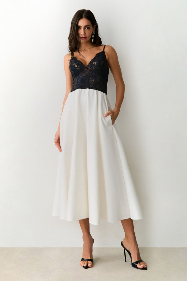 VESTIDO MIDI EM RENDA ALCA FINA E SAIA ESTRUTURADA PRETO COM BRANCO