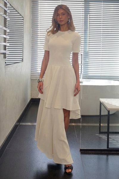 VESTIDO MIDI SAIA COM RECORTES ASSIMETRICOS OFF WHITE