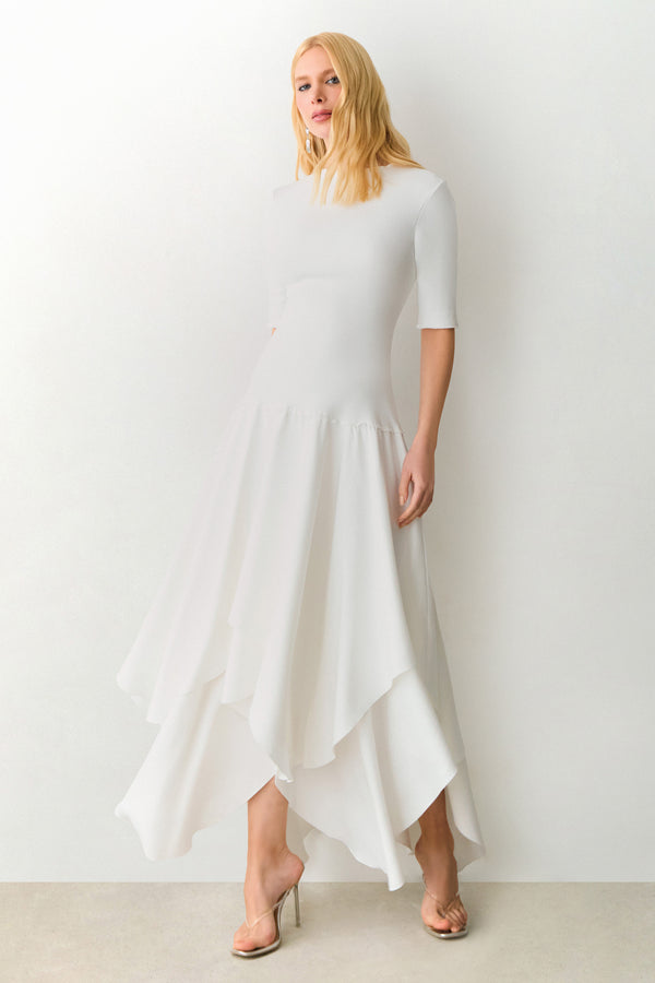 VESTIDO MIDI SAIA COM RECORTES ASSIMETRICOS OFF WHITE